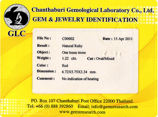 Certificat laboratoire gémologique Chanthaburi