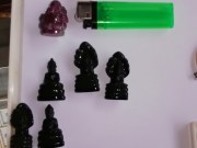 Buddha and Ganesha Carvings made of Tektite, Amethyst, Topaz, Ruby, Mother of Pearl, Marble, Bone, Ivory and more. 