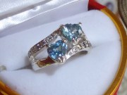 Double heart shaped blue zircon silver ring from Cambodia