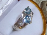 Double heart shaped blue zircon silver ring from Cambodia